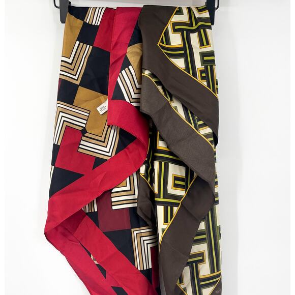Lot of 2 LOFT Silk Scarves Square 34x34 Brown NWT Red Black Geometric 100% Silk - Picture 1 of 8